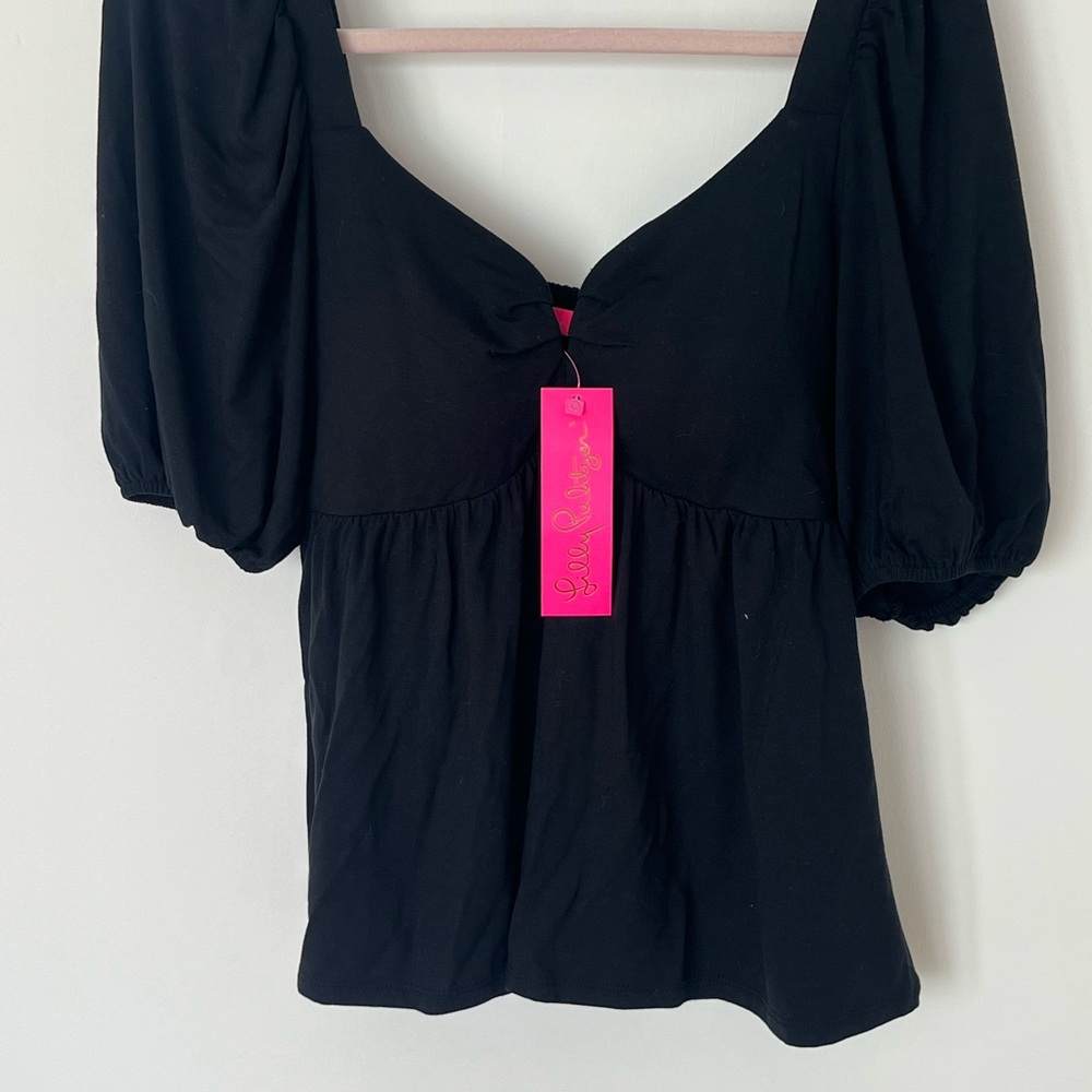 Lilly Pulitzer Black Puff Sleeve Smocked Blouse